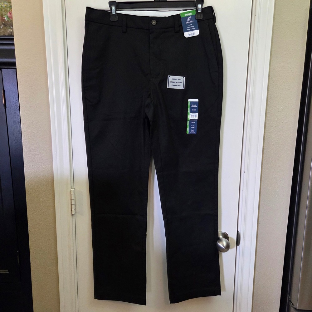 George Mens Premium Khaki Straight Leg Pants Black Soot 31x30 Stretch New